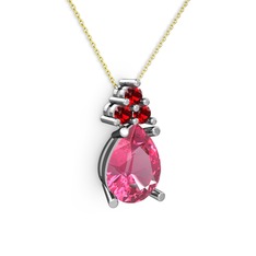 Madiva Kolye - Pembe kuvars ve garnet 8 ayar beyaz altın kolye (40 cm altın rolo zincir) #dr066q