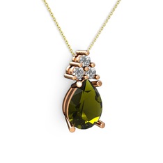 Peridot ve beyaz zirkon 14 ayar rose altın kolye (40 cm gümüş rolo zincir)