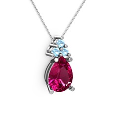 Rodolit garnet ve akuamarin 925 ayar gümüş kolye (40 cm beyaz altın rolo zincir)