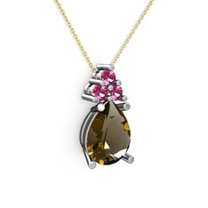 Dumanlı kuvars ve rodolit garnet 18 ayar beyaz altın kolye (40 cm altın rolo zincir)
