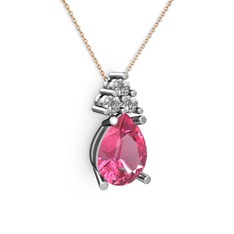 Madiva Kolye - Pembe kuvars ve pırlanta 18 ayar beyaz altın kolye (0.72 karat, 40 cm gümüş rolo zincir) #m75v00