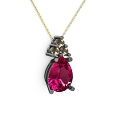 Rodolit garnet ve dumanlı kuvars 925 ayar siyah rodyum kaplama gümüş kolye (40 cm altın rolo zincir)