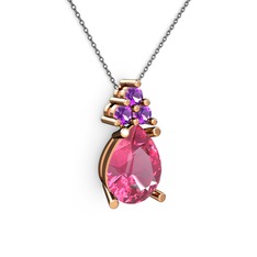 Pembe kuvars ve ametist 8 ayar rose altın kolye (40 cm gümüş rolo zincir)