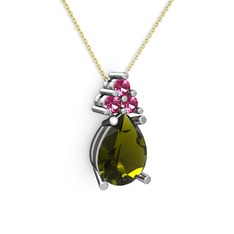 Peridot ve rodolit garnet 18 ayar beyaz altın kolye (40 cm gümüş rolo zincir)