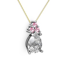 Swarovski ve pembe kuvars 8 ayar beyaz altın kolye (40 cm altın rolo zincir)