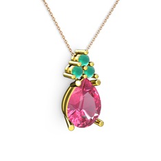 Madiva Kolye - Pembe kuvars ve kök zümrüt 8 ayar altın kolye (40 cm gümüş rolo zincir) #raysnu