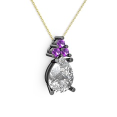 Swarovski ve ametist 925 ayar siyah rodyum kaplama gümüş kolye (40 cm altın rolo zincir)