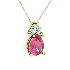 Pembe kuvars ve akuamarin 14 ayar altın kolye (40 cm altın rolo zincir)