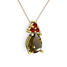 Dumanlı kuvars ve garnet 14 ayar altın kolye (40 cm gümüş rolo zincir)