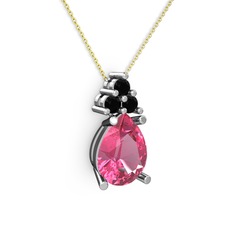 Pembe kuvars ve siyah zirkon 18 ayar beyaz altın kolye (40 cm gümüş rolo zincir)