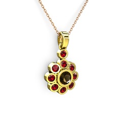 Elmas Çiçek Kolye - Garnet ve dumanlı kuvars 14 ayar altın kolye (40 cm rose altın rolo zincir) #1005ntx