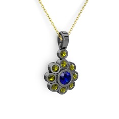 Elmas Çiçek Kolye - Peridot ve lab safir 925 ayar siyah rodyum kaplama gümüş kolye (40 cm altın rolo zincir) #108op87