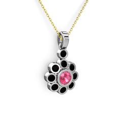 Siyah zirkon ve pembe kuvars 14 ayar beyaz altın kolye (40 cm altın rolo zincir)