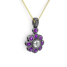Ametist ve swarovski 925 ayar siyah rodyum kaplama gümüş kolye (40 cm gümüş rolo zincir)