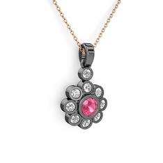 Elmas Çiçek Kolye - Pırlanta ve pembe kuvars 925 ayar siyah rodyum kaplama gümüş kolye (0.54 karat, 40 cm rose altın rolo zincir) #10uqkf9