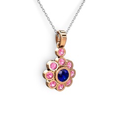 Elmas Çiçek Kolye - Pembe kuvars ve lab safir 8 ayar rose altın kolye (40 cm beyaz altın rolo zincir) #114jcpy