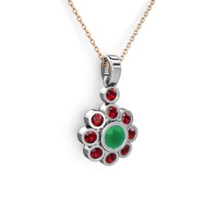 Garnet ve kök zümrüt 18 ayar beyaz altın kolye (40 cm rose altın rolo zincir)
