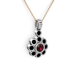 Elmas Çiçek Kolye - Siyah zirkon ve rodolit garnet 925 ayar gümüş kolye (40 cm rose altın rolo zincir) #11pegi6