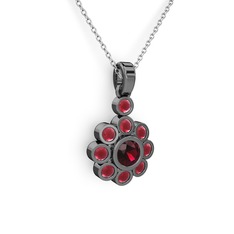 Elmas Çiçek Kolye - Kök yakut ve rodolit garnet 925 ayar siyah rodyum kaplama gümüş kolye (40 cm beyaz altın rolo zincir) #12xzy2o