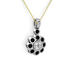 Elmas Çiçek Kolye - Siyah zirkon ve elmas 925 ayar gümüş kolye (0.5 karat, 40 cm altın rolo zincir) #132f4f4