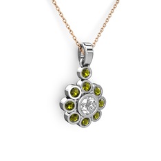 Elmas Çiçek Kolye - Peridot ve swarovski 18 ayar beyaz altın kolye (40 cm rose altın rolo zincir) #138t149