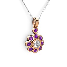 Elmas Çiçek Kolye - Ametist ve elmas 14 ayar rose altın kolye (0.5 karat, 40 cm gümüş rolo zincir) #13i3fac