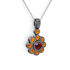 Elmas Çiçek Kolye - Sitrin ve garnet 925 ayar siyah rodyum kaplama gümüş kolye (40 cm beyaz altın rolo zincir) #13lf7of