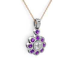 Elmas Çiçek Kolye - Ametist ve swarovski 8 ayar beyaz altın kolye (40 cm rose altın rolo zincir) #13o00d8