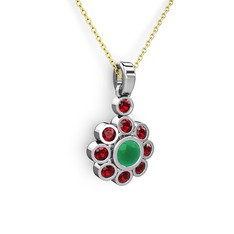 Elmas Çiçek Kolye - Garnet ve kök zümrüt 14 ayar beyaz altın kolye (40 cm altın rolo zincir) #143cmba