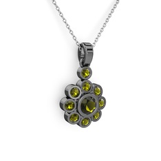 Elmas Çiçek Kolye - Peridot 925 ayar siyah rodyum kaplama gümüş kolye (40 cm beyaz altın rolo zincir) #14bbtty