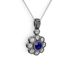 Elmas Çiçek Kolye - Swarovski ve lab safir 925 ayar siyah rodyum kaplama gümüş kolye (40 cm beyaz altın rolo zincir) #14hxkvo