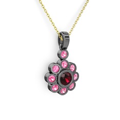 Elmas Çiçek Kolye - Pembe kuvars ve rodolit garnet 925 ayar siyah rodyum kaplama gümüş kolye (40 cm altın rolo zincir) #14rgpjk
