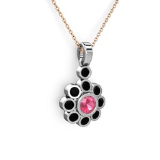 Siyah zirkon ve pembe kuvars 18 ayar beyaz altın kolye (40 cm rose altın rolo zincir)