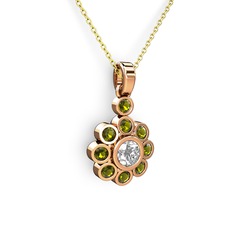 Elmas Çiçek Kolye - Peridot ve elmas 18 ayar rose altın kolye (0.5 karat, 40 cm altın rolo zincir) #16ynpgm