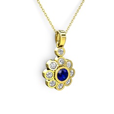 Elmas Çiçek Kolye - Swarovski ve lab safir 8 ayar altın kolye (40 cm altın rolo zincir) #171t91m