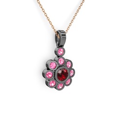 Pembe kuvars ve garnet 925 ayar siyah rodyum kaplama gümüş kolye (40 cm rose altın rolo zincir)