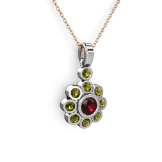 Peridot ve rodolit garnet 8 ayar beyaz altın kolye (40 cm rose altın rolo zincir)