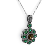 Elmas Çiçek Kolye - Yeşil kuvars ve dumanlı kuvars 925 ayar siyah rodyum kaplama gümüş kolye (40 cm beyaz altın rolo zincir) #17mzrjb