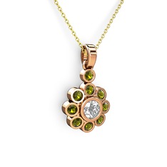 Elmas Çiçek Kolye - Peridot ve elmas 18 ayar rose altın kolye (0.5 karat, 40 cm altın rolo zincir) #17ritvj