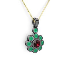 Elmas Çiçek Kolye - Kök zümrüt ve rodolit garnet 925 ayar siyah rodyum kaplama gümüş kolye (40 cm altın rolo zincir) #18qld4m
