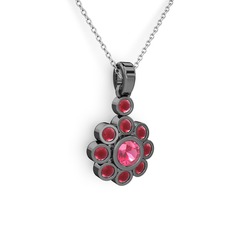 Elmas Çiçek Kolye - Kök yakut ve pembe kuvars 925 ayar siyah rodyum kaplama gümüş kolye (40 cm gümüş rolo zincir) #18sufvd