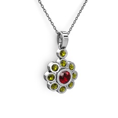 Elmas Çiçek Kolye - Peridot ve garnet 8 ayar beyaz altın kolye (40 cm gümüş rolo zincir) #18x8gd6