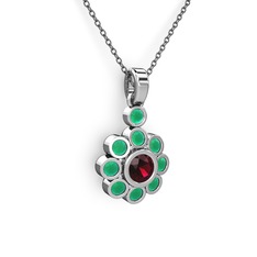 Elmas Çiçek Kolye - Kök zümrüt ve rodolit garnet 8 ayar beyaz altın kolye (40 cm gümüş rolo zincir) #198hekl