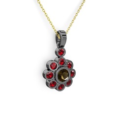 Elmas Çiçek Kolye - Garnet ve dumanlı kuvars 925 ayar siyah rodyum kaplama gümüş kolye (40 cm gümüş rolo zincir) #19kboq8