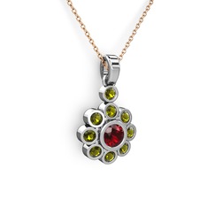 Elmas Çiçek Kolye - Peridot ve garnet 14 ayar beyaz altın kolye (40 cm gümüş rolo zincir) #19mougt
