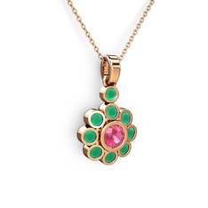 Kök zümrüt ve pembe kuvars 18 ayar rose altın kolye (40 cm rose altın rolo zincir)