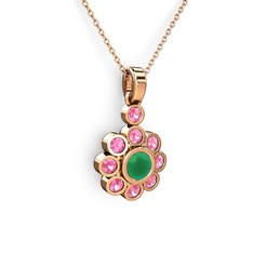 Pembe kuvars ve kök zümrüt 18 ayar rose altın kolye (40 cm rose altın rolo zincir)