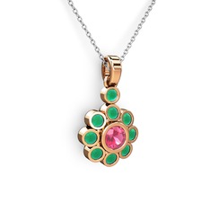 Kök zümrüt ve pembe kuvars 14 ayar rose altın kolye (40 cm beyaz altın rolo zincir)