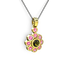 Elmas Çiçek Kolye - Pembe kuvars ve peridot 18 ayar altın kolye (40 cm gümüş rolo zincir) #1a7ir75