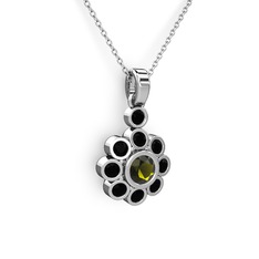 Elmas Çiçek Kolye - Siyah zirkon ve peridot 8 ayar beyaz altın kolye (40 cm gümüş rolo zincir) #1ajzeyc